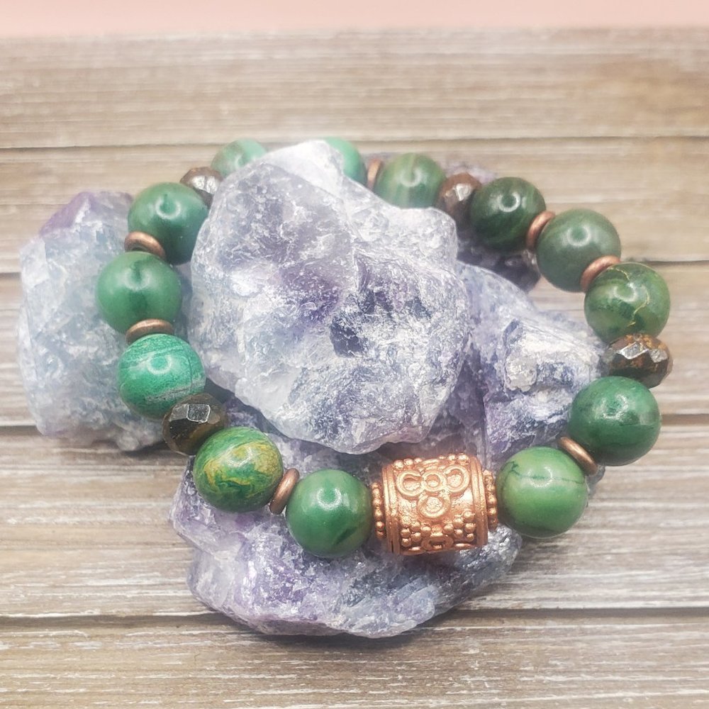 African Jade Bronzite Copper Beaded Bracelet